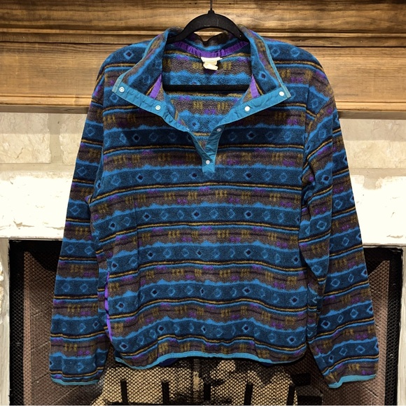 Vintage L. L. Bean Aztec Fleece Pullover with Lucky 13 Black Cat Graphic Large - Picture 1 of 7
